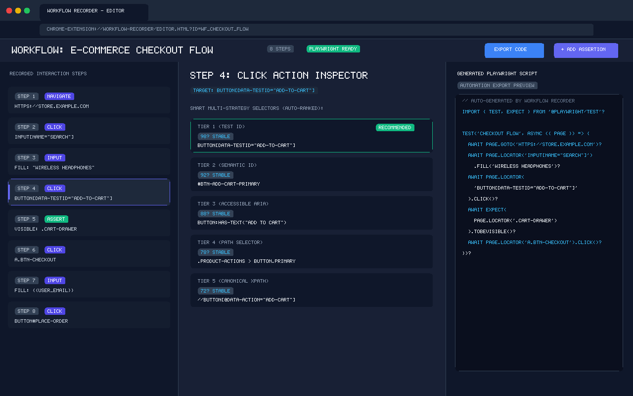 Visual 3-Panel Workflow Editor Screenshot